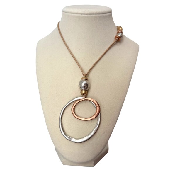J. Jill Mixed Metal Necklace Double Circle Pendant Cord Adjustable Modern Earthy - Picture 2 of 11